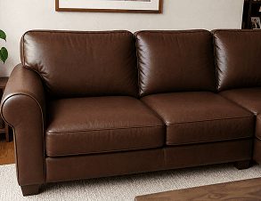 Brown leather corner sofa after scuff and grime removal