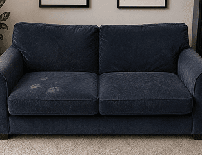 Blue velvet 2-seater with pet marks before cleaning