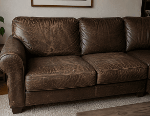 Brown leather corner sofa with scuffs before cleaning
