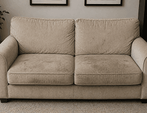 Cream fabric sofa end-of-tenancy before cleaning