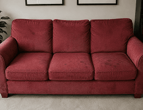 Red wine stained fabric 3-seater before cleaning