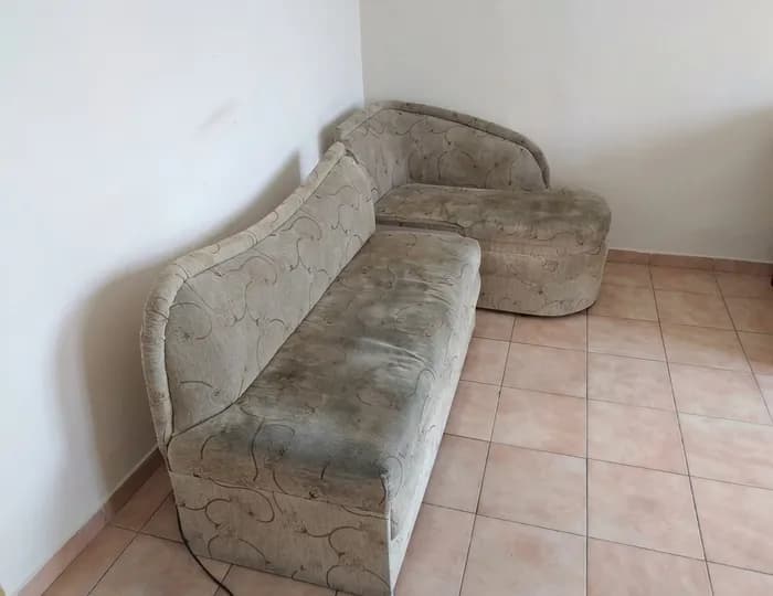 Cotton fabric sofa with marks and soiling before cleaning