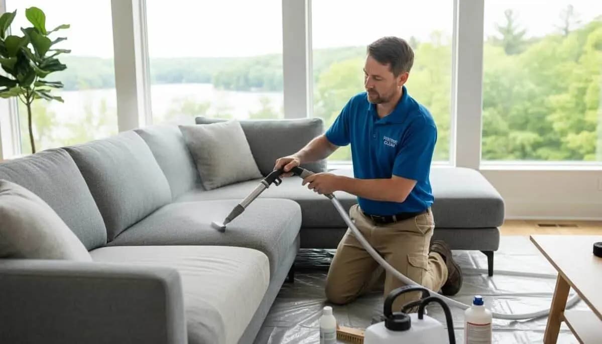 Professional cleaner steam-cleaning a grey fabric sofa in a bright living room