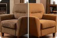 Fabric armchair with heavy-use grime before and after professional cleaning