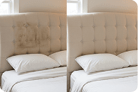 Upholstered headboard with body-oil marks before and after professional cleaning