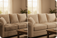 Sofa before and after a broader upholstery cleaning job